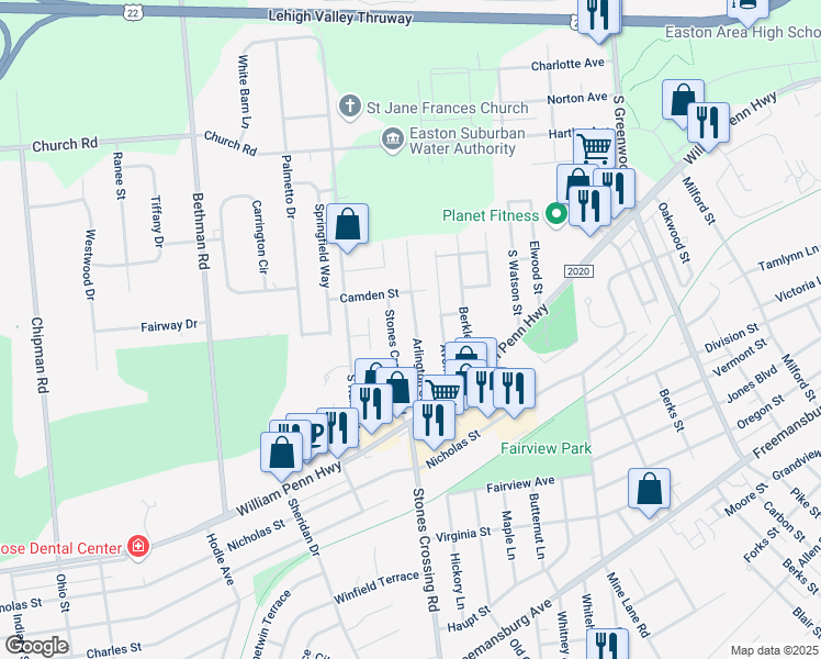 map of restaurants, bars, coffee shops, grocery stores, and more near 405 Stones Crossing Road in Easton