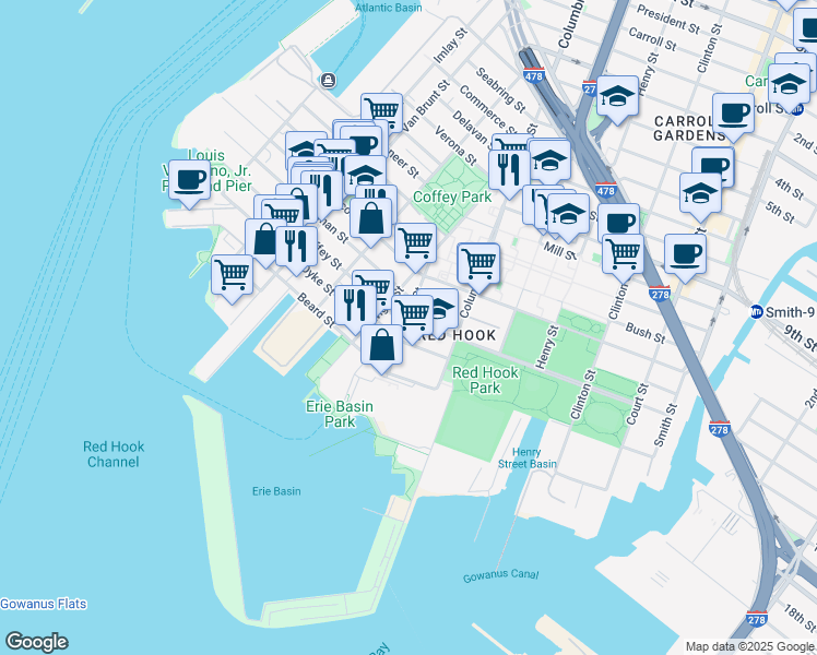 map of restaurants, bars, coffee shops, grocery stores, and more near 1 Bay Street in Brooklyn