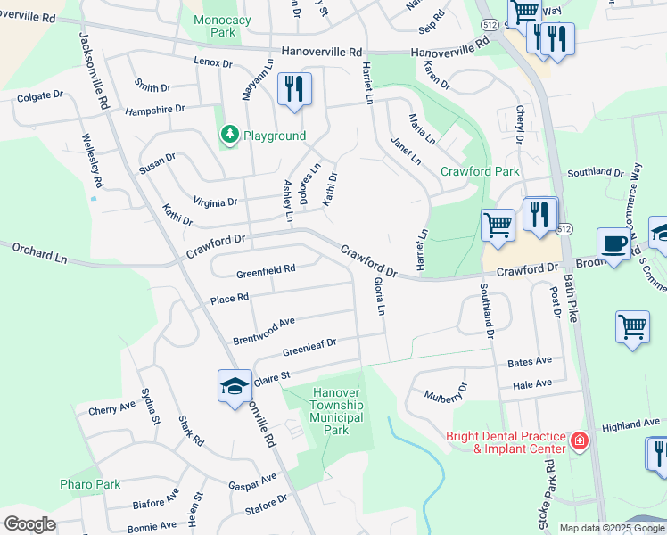 map of restaurants, bars, coffee shops, grocery stores, and more near 4309 Greenfield Road in Bethlehem