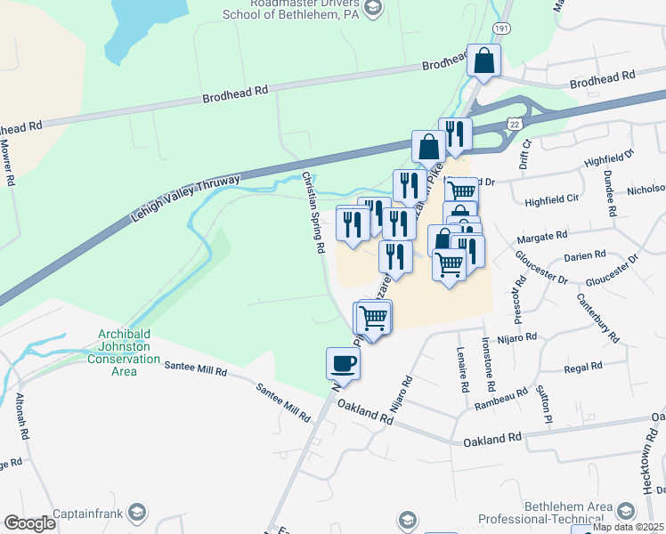 map of restaurants, bars, coffee shops, grocery stores, and more near 3820 Christian Spring Road in Bethlehem
