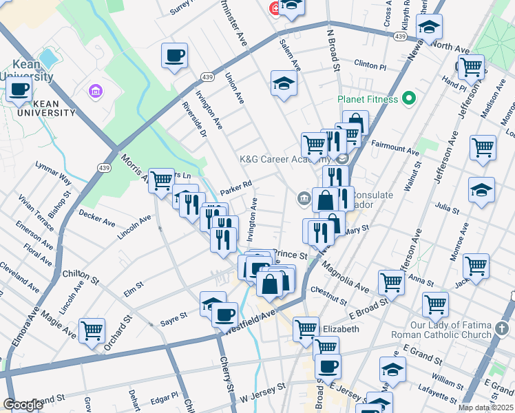 map of restaurants, bars, coffee shops, grocery stores, and more near 465 Irvington Avenue in Elizabeth