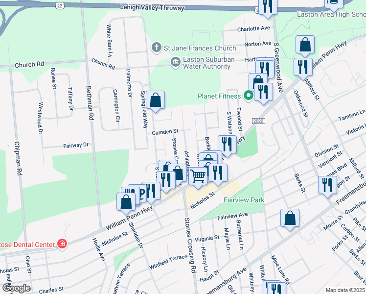 map of restaurants, bars, coffee shops, grocery stores, and more near 405 Stones Crossing Road in Easton