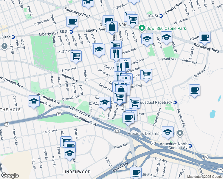 map of restaurants, bars, coffee shops, grocery stores, and more near in Queens