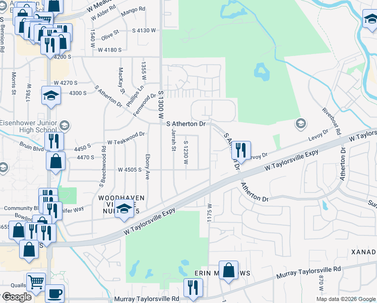 map of restaurants, bars, coffee shops, grocery stores, and more near 4433 Butterfield Street in Taylorsville