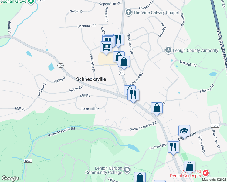 map of restaurants, bars, coffee shops, grocery stores, and more near 4917 Pennsylvania 309 in Schnecksville