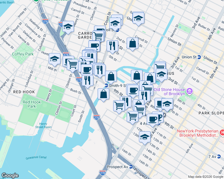 map of restaurants, bars, coffee shops, grocery stores, and more near 38 9th St in Brooklyn