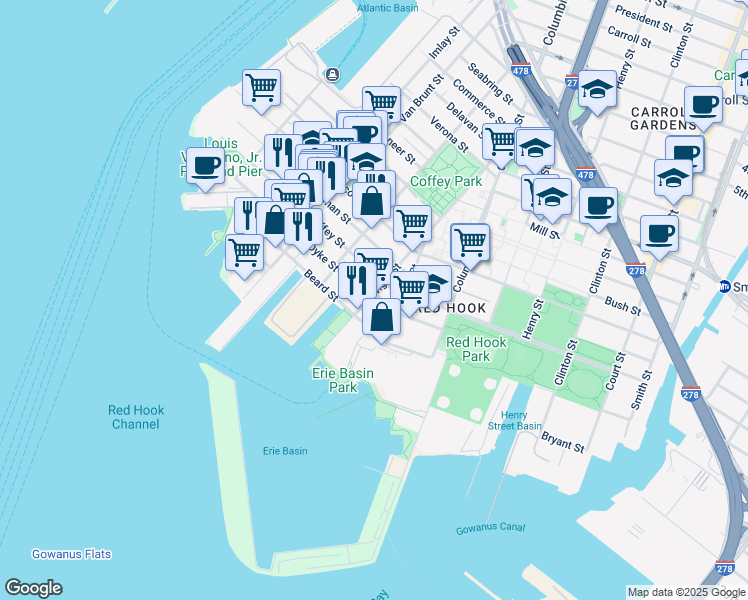 map of restaurants, bars, coffee shops, grocery stores, and more near 163 Dwight Street in Brooklyn