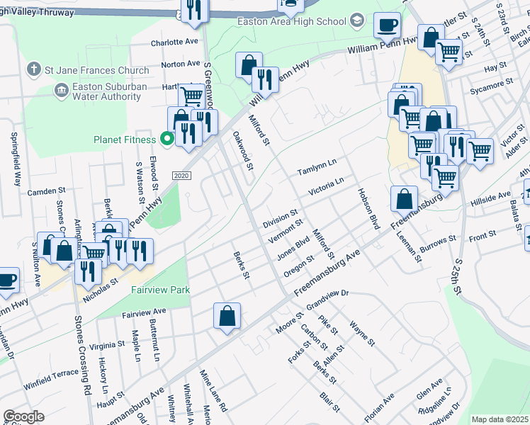 map of restaurants, bars, coffee shops, grocery stores, and more near 695 Oakwood Street in Easton
