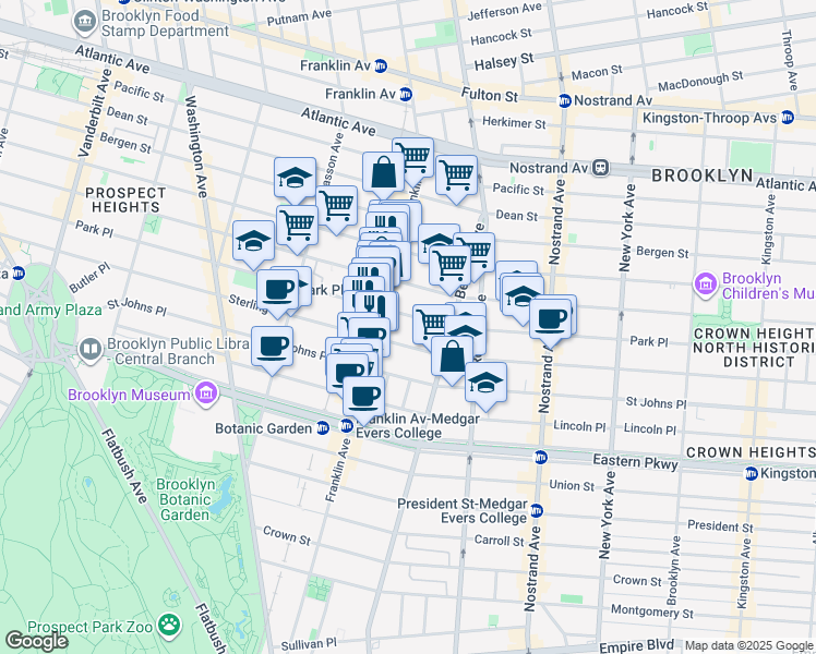 map of restaurants, bars, coffee shops, grocery stores, and more near 672 Park Place in Brooklyn