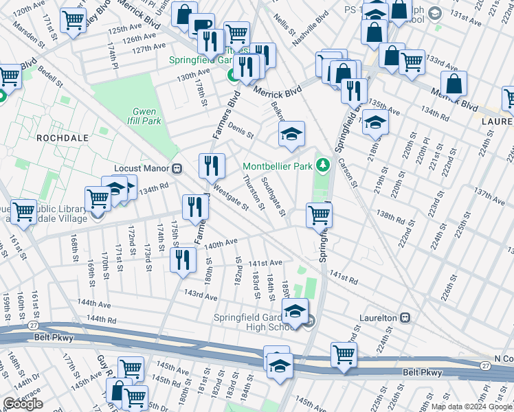 map of restaurants, bars, coffee shops, grocery stores, and more near 137-38 Thurston Street in Queens