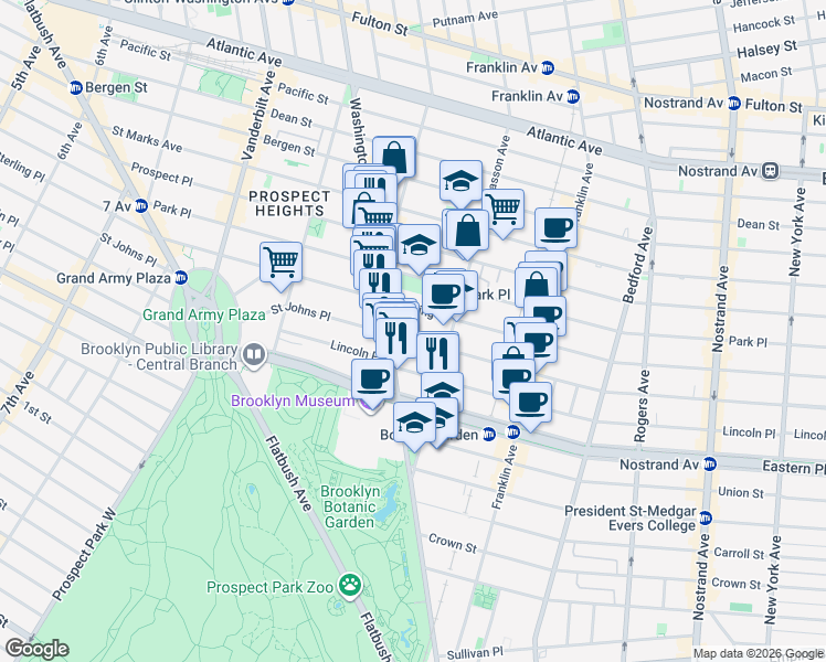 map of restaurants, bars, coffee shops, grocery stores, and more near 477 Saint Johns Place in Brooklyn