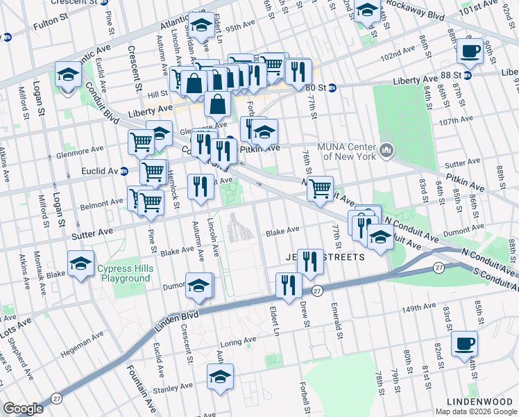 map of restaurants, bars, coffee shops, grocery stores, and more near 1482 Sutter Avenue in Brooklyn