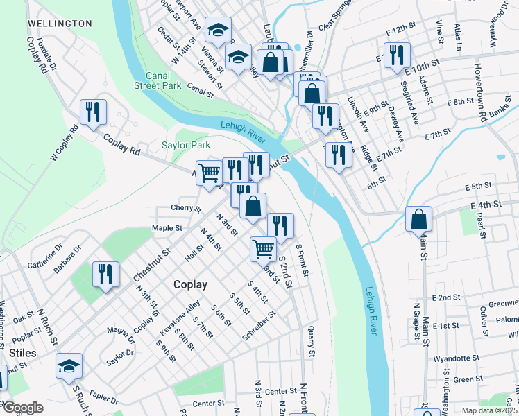 map of restaurants, bars, coffee shops, grocery stores, and more near 1 Strawberry Alley in Coplay