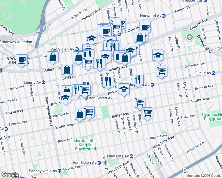 map of restaurants, bars, coffee shops, grocery stores, and more near 322 Jerome Street in Brooklyn