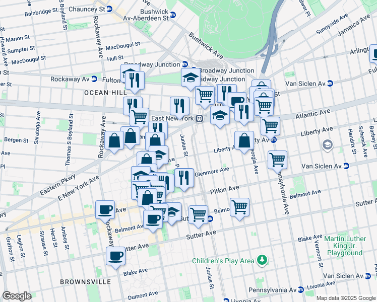 map of restaurants, bars, coffee shops, grocery stores, and more near 73 Junius Street in Brooklyn