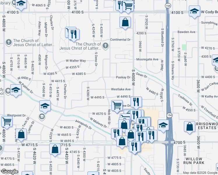 map of restaurants, bars, coffee shops, grocery stores, and more near 4426 Fairlane Circle in West Valley City