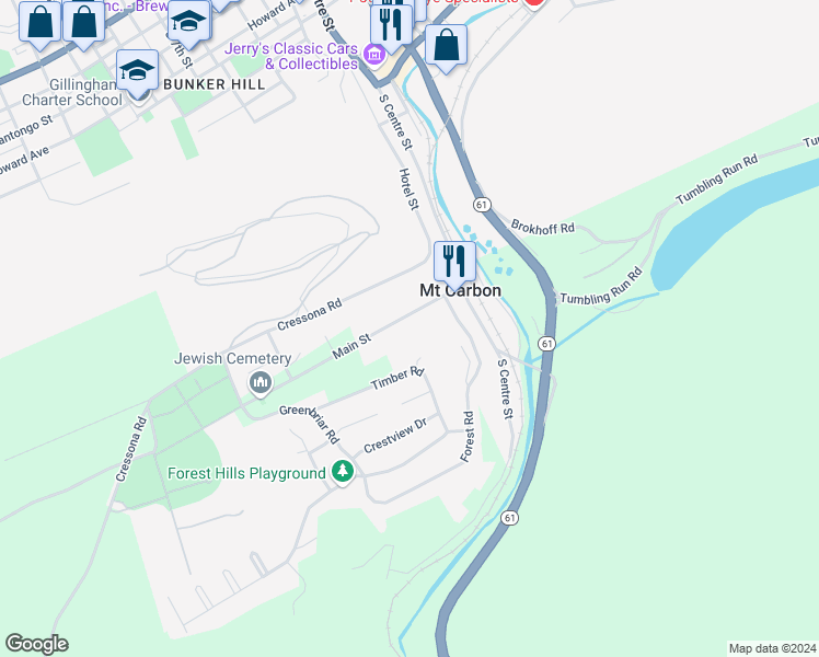 map of restaurants, bars, coffee shops, grocery stores, and more near 65 Main Street in Pottsville