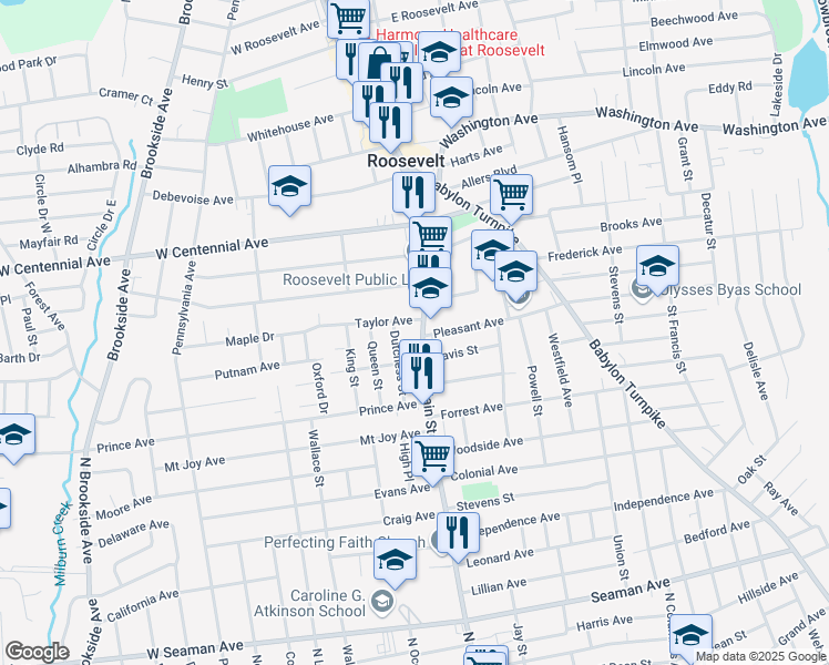 map of restaurants, bars, coffee shops, grocery stores, and more near 61 Nassau Road in Roosevelt
