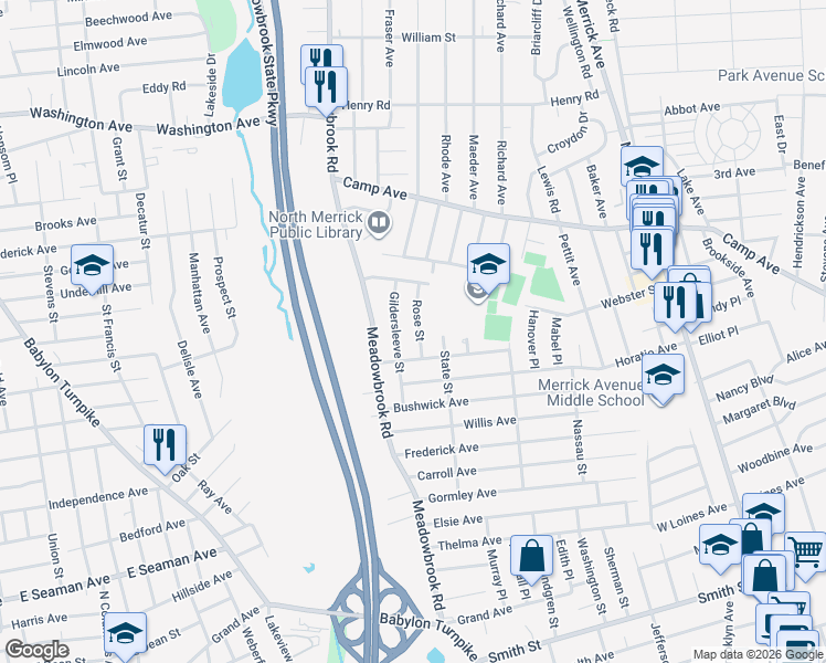 map of restaurants, bars, coffee shops, grocery stores, and more near 1755 Gildersleeve Street in Merrick