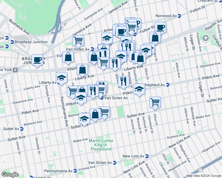 map of restaurants, bars, coffee shops, grocery stores, and more near 281 Schenck Avenue in Brooklyn
