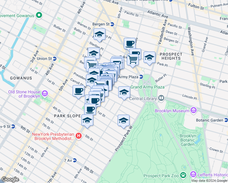 map of restaurants, bars, coffee shops, grocery stores, and more near 845 President Street in Brooklyn