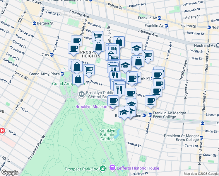 map of restaurants, bars, coffee shops, grocery stores, and more near 418 Saint Johns Place in Brooklyn