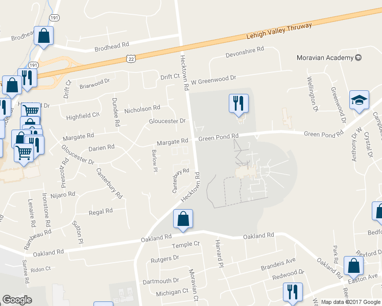 map of restaurants, bars, coffee shops, grocery stores, and more near 3718 Amherst Court in Bethlehem