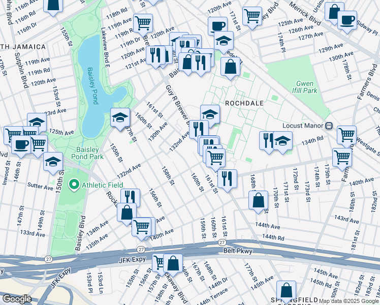 map of restaurants, bars, coffee shops, grocery stores, and more near 133-10 161st Street in Queens