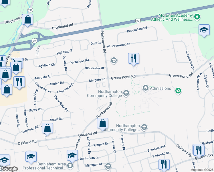 map of restaurants, bars, coffee shops, grocery stores, and more near 3718 Amherst Court in Bethlehem
