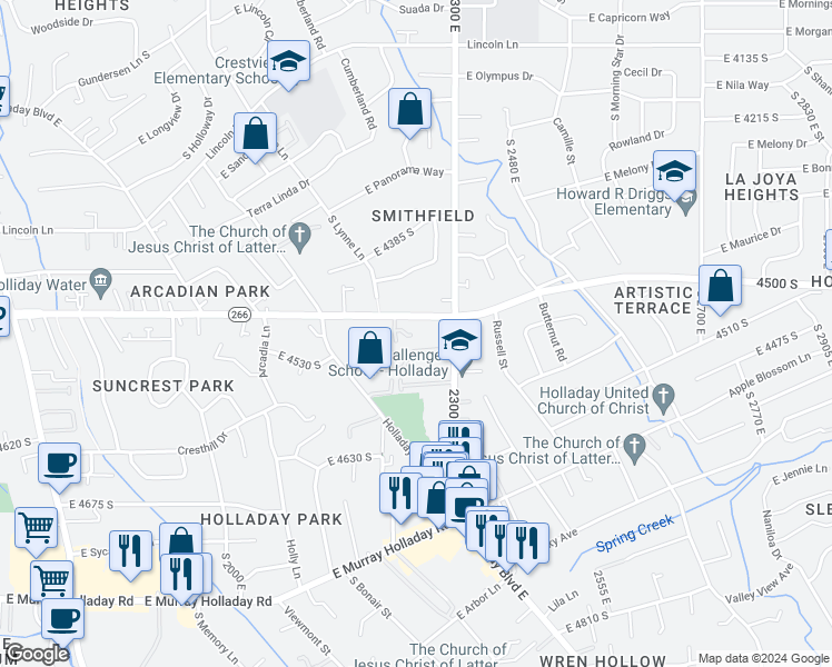 map of restaurants, bars, coffee shops, grocery stores, and more near 2238 East Grand Spruce Cove in Holladay