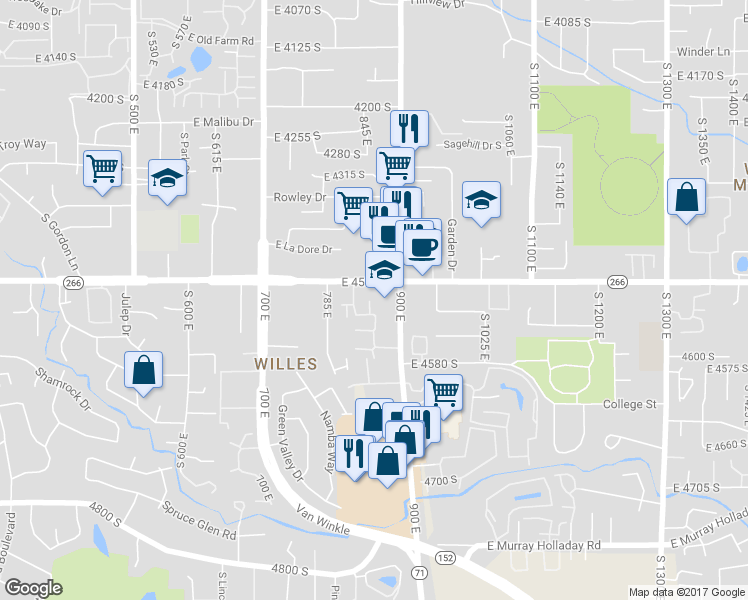 map of restaurants, bars, coffee shops, grocery stores, and more near 860 Utah 266 in Millcreek