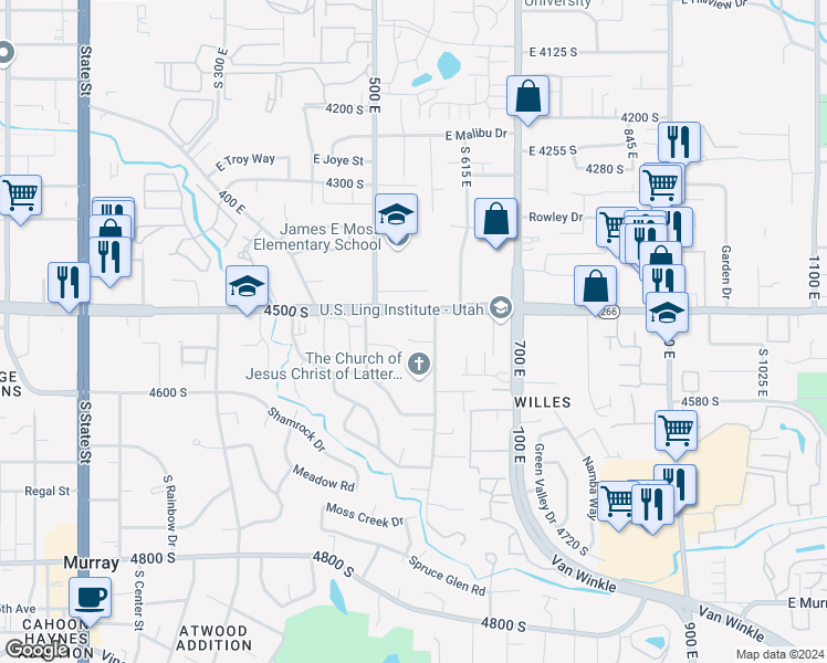 map of restaurants, bars, coffee shops, grocery stores, and more near 536 East 4500 South in Murray