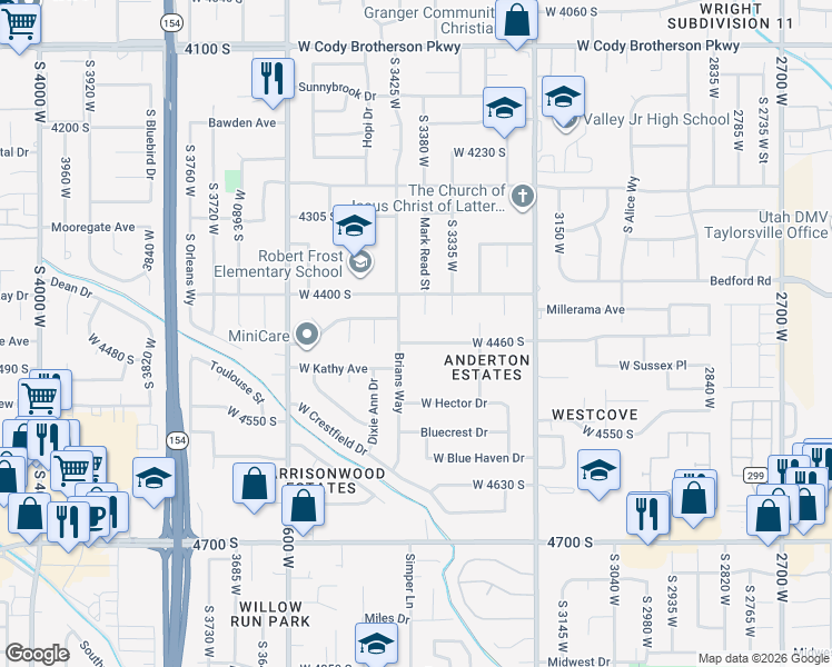 map of restaurants, bars, coffee shops, grocery stores, and more near 4428 Mark Read Street in West Valley City