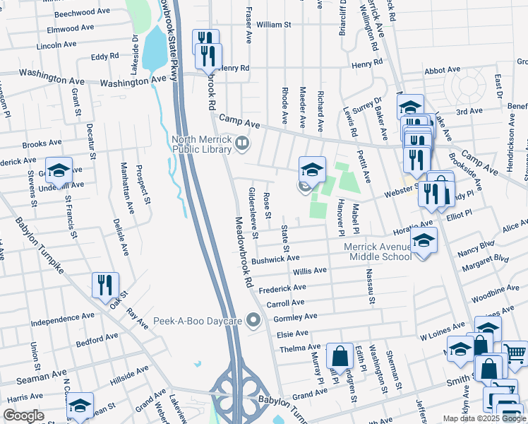 map of restaurants, bars, coffee shops, grocery stores, and more near 1755 Gildersleeve Street in Merrick