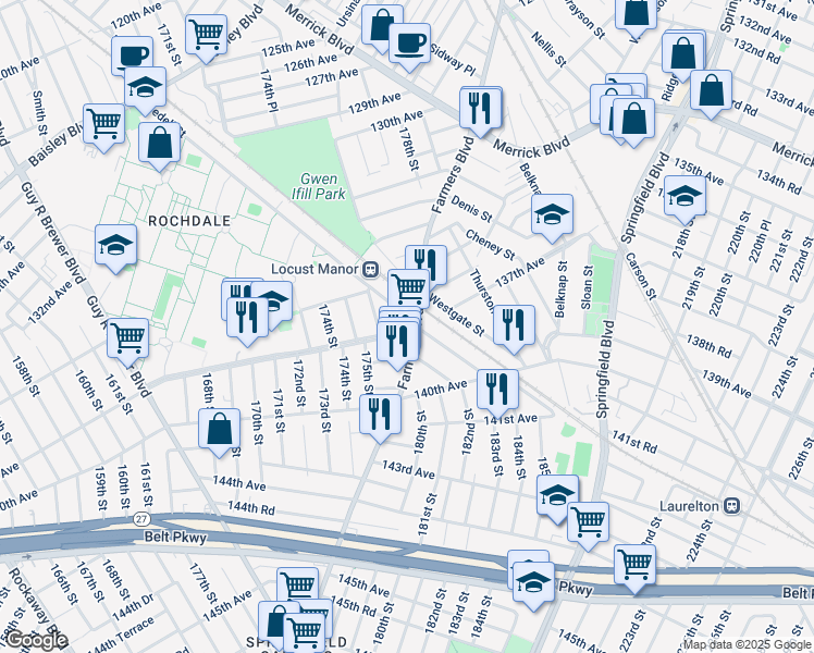map of restaurants, bars, coffee shops, grocery stores, and more near in Queens