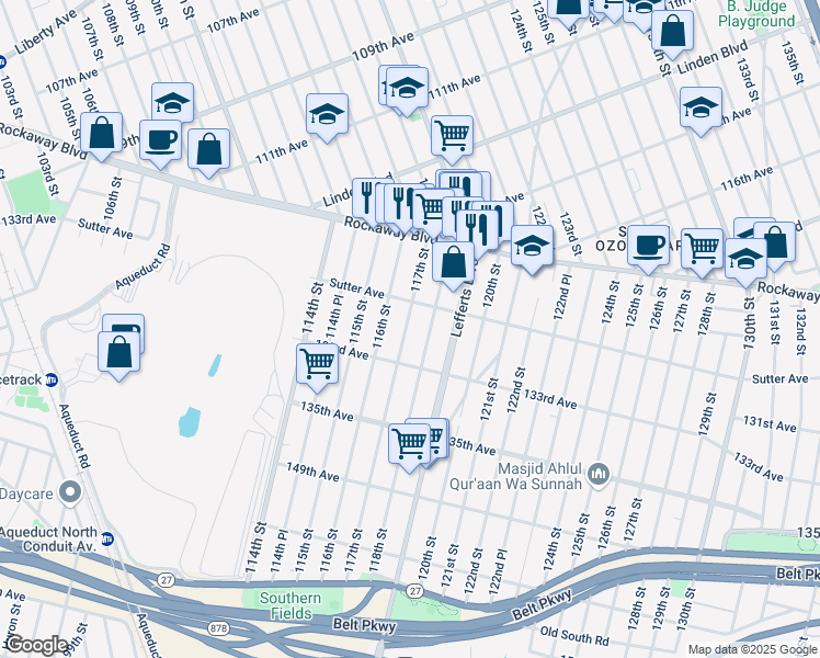 map of restaurants, bars, coffee shops, grocery stores, and more near 130-12 118th Street in Queens