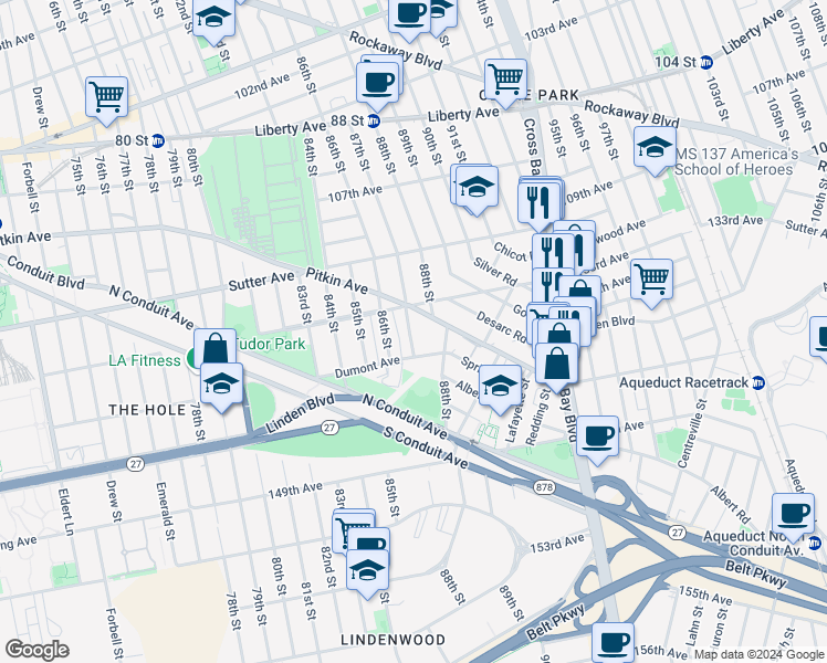 map of restaurants, bars, coffee shops, grocery stores, and more near 133-16 87th Street in Queens