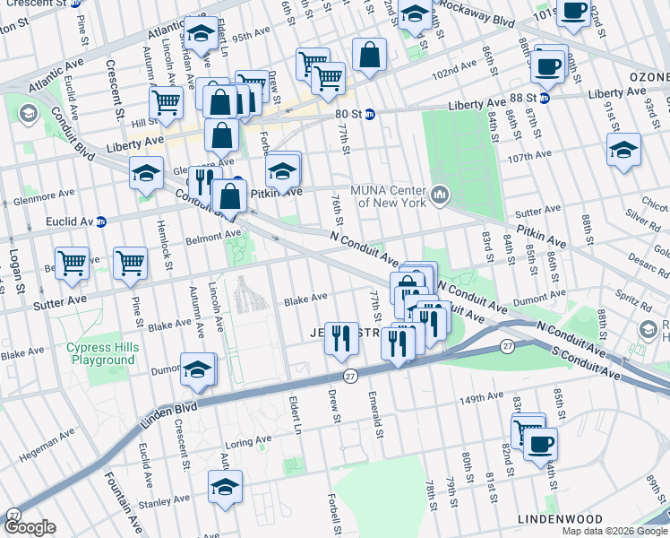 map of restaurants, bars, coffee shops, grocery stores, and more near 75-12 South Conduit Avenue in Queens