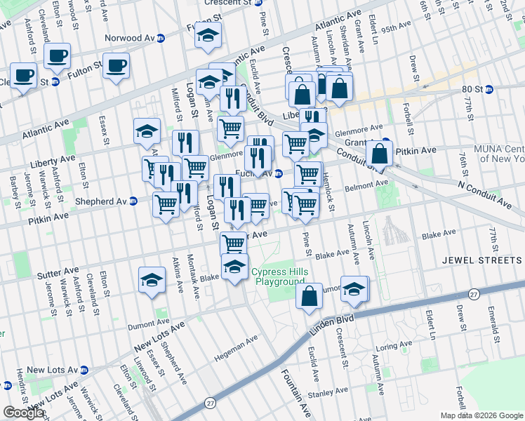 map of restaurants, bars, coffee shops, grocery stores, and more near 953 Belmont Avenue in Brooklyn