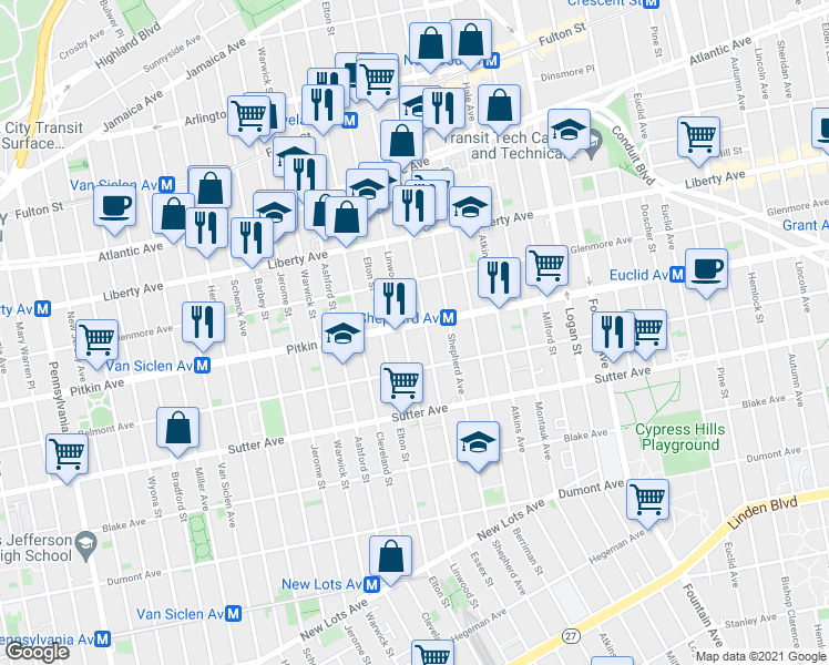 map of restaurants, bars, coffee shops, grocery stores, and more near 2437 Pitkin Avenue in Brooklyn