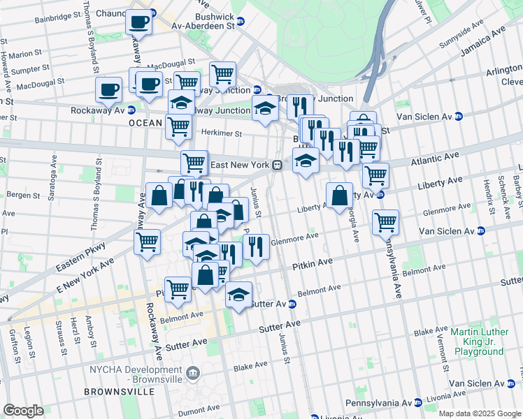 map of restaurants, bars, coffee shops, grocery stores, and more near 51 Junius St in Brooklyn