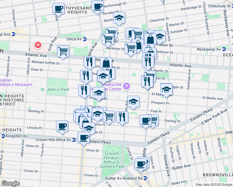 map of restaurants, bars, coffee shops, grocery stores, and more near 1291 Saint Marks Avenue in Brooklyn