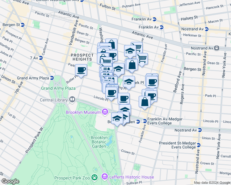map of restaurants, bars, coffee shops, grocery stores, and more near 494 Sterling Place in Brooklyn