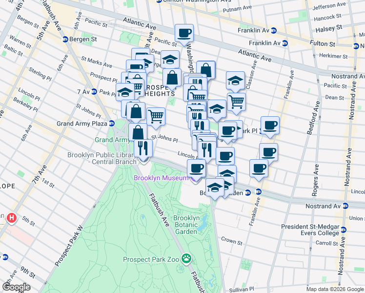 map of restaurants, bars, coffee shops, grocery stores, and more near 388 Saint Johns Place in Brooklyn