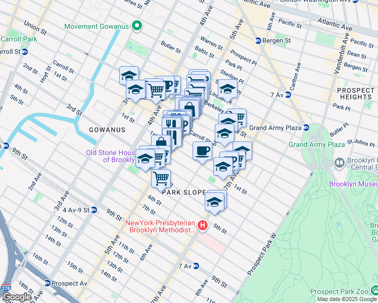 map of restaurants, bars, coffee shops, grocery stores, and more near 325 1st Street in Brooklyn
