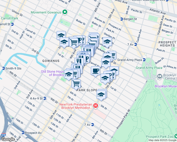 map of restaurants, bars, coffee shops, grocery stores, and more near 325 1st Street in Brooklyn