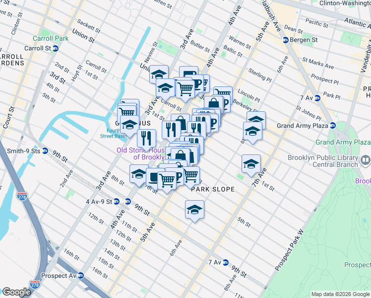 map of restaurants, bars, coffee shops, grocery stores, and more near 320 2nd Street in Brooklyn