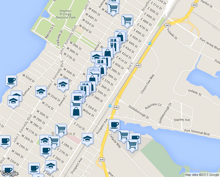 map of restaurants, bars, coffee shops, grocery stores, and more near 40 East 37th Street in Bayonne