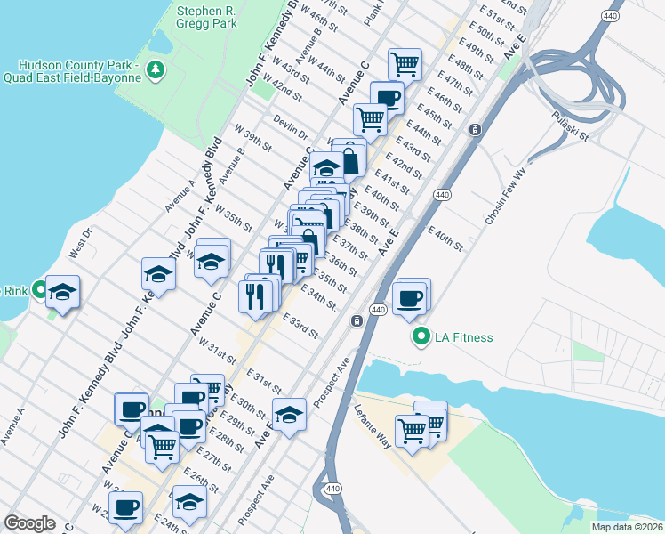 map of restaurants, bars, coffee shops, grocery stores, and more near 12 East 36th Street in Bayonne
