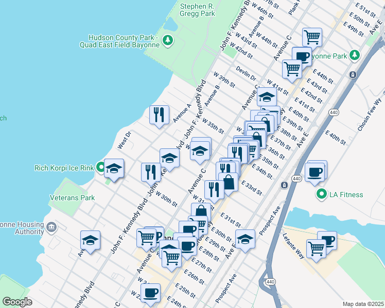 map of restaurants, bars, coffee shops, grocery stores, and more near 83-85 East 33rd Street in Bayonne